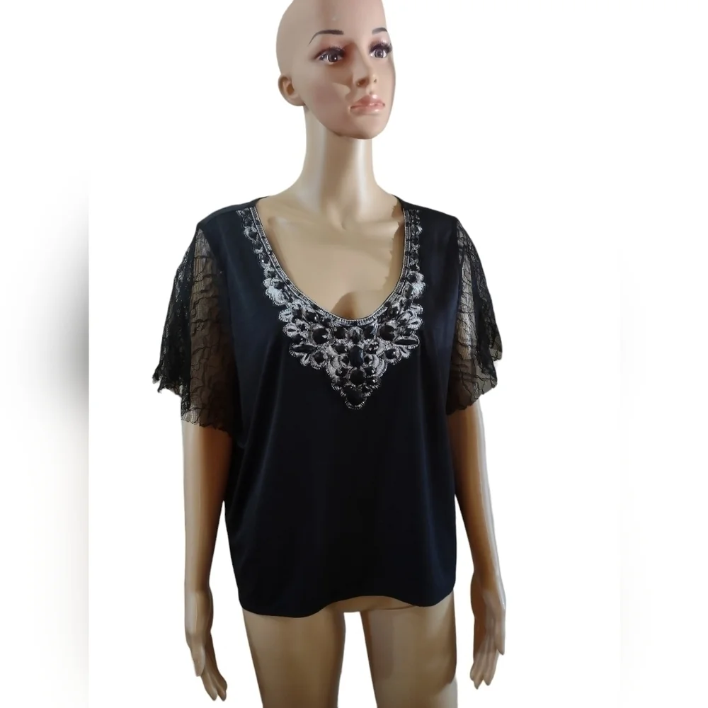 Six degrees of separation Women's size medium black lace beaded blouse shirt top - Picture 1 of 6
